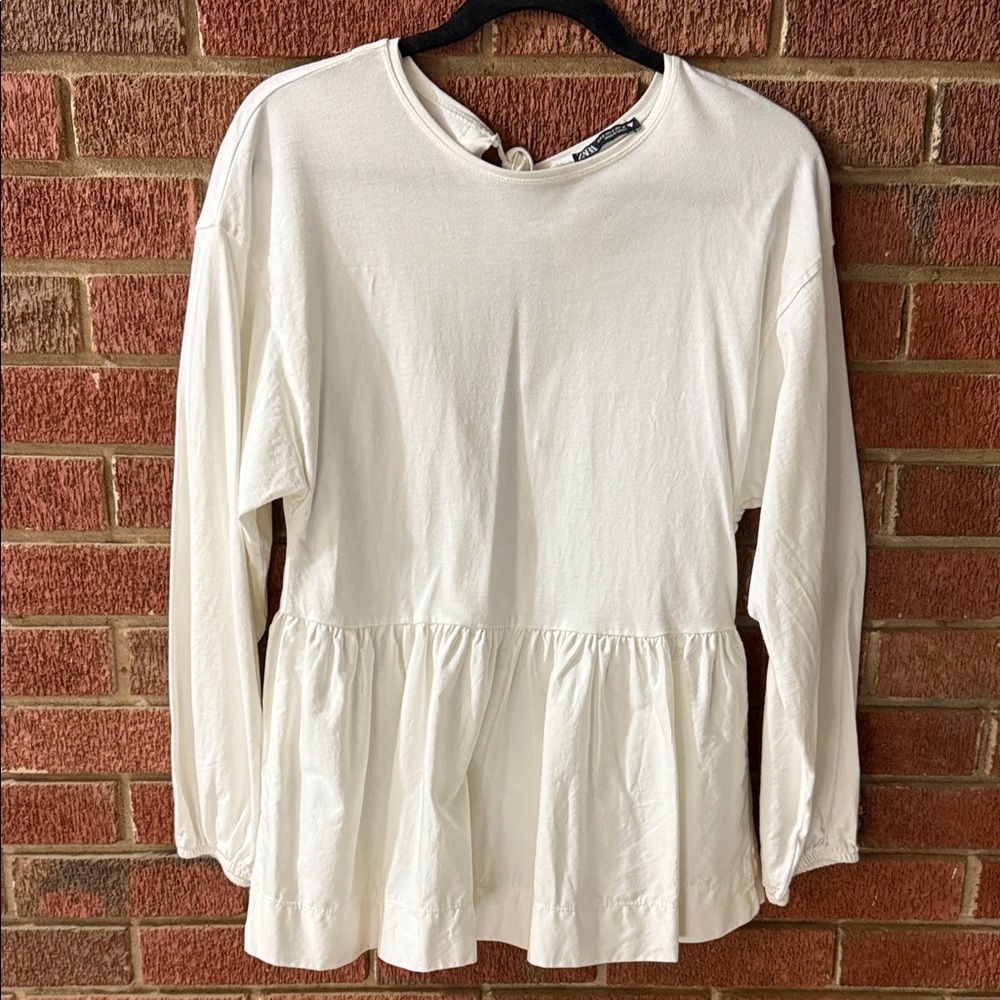 Zara Cream Peplum Long Sleeve Tie Back Blouse